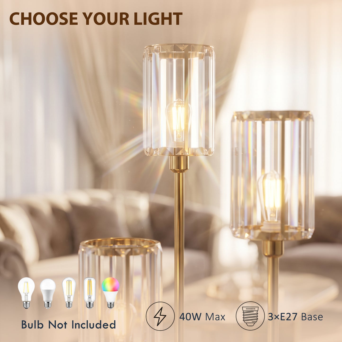 HOMCOM Floor Lamp with Shelves, 3-Light Crystal Standing Lamp with Glass Shades and Foot Switch, Bulbs Not Included, Gold Tone