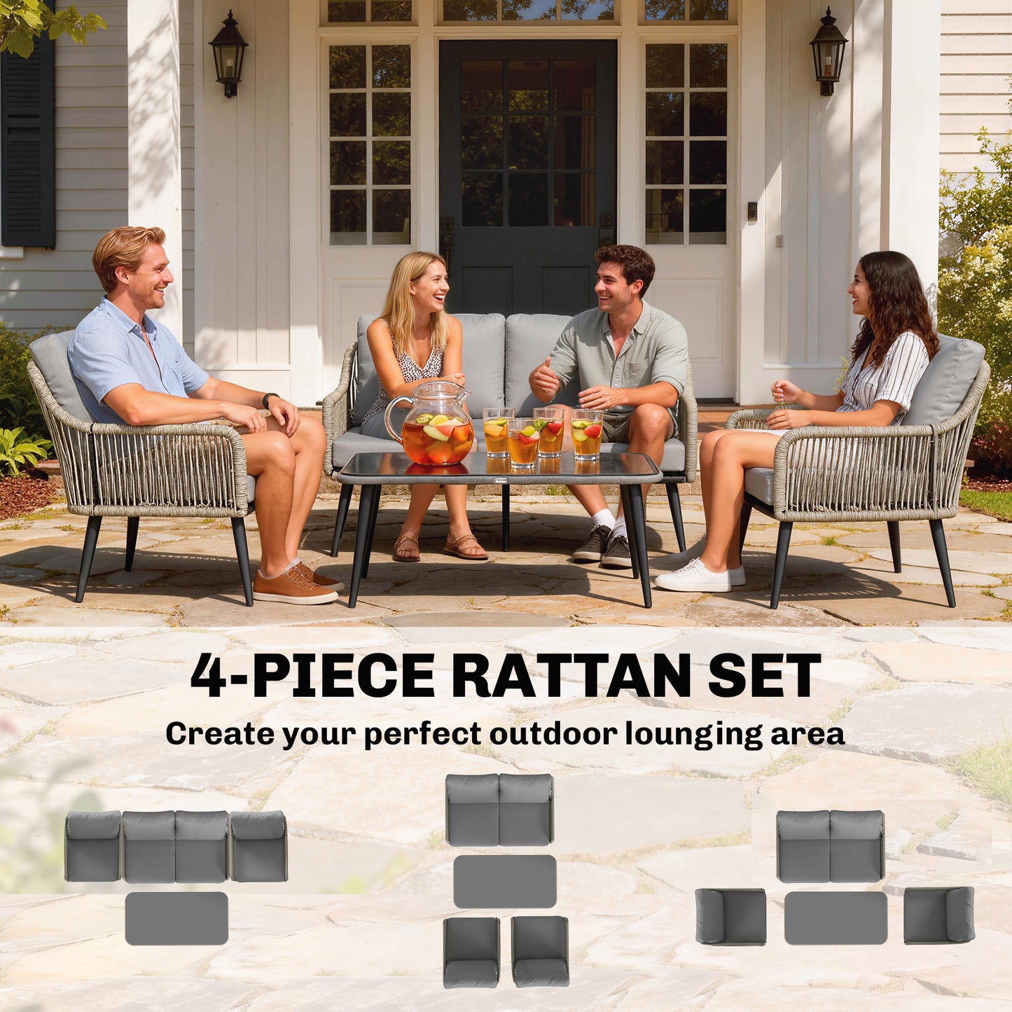Outsunny Rattan Garden Furniture Set, 4 Piece Outdoor Patio Furniture Tempered Glass Table and Chairs, Indoor Balcony Conservatory Set
