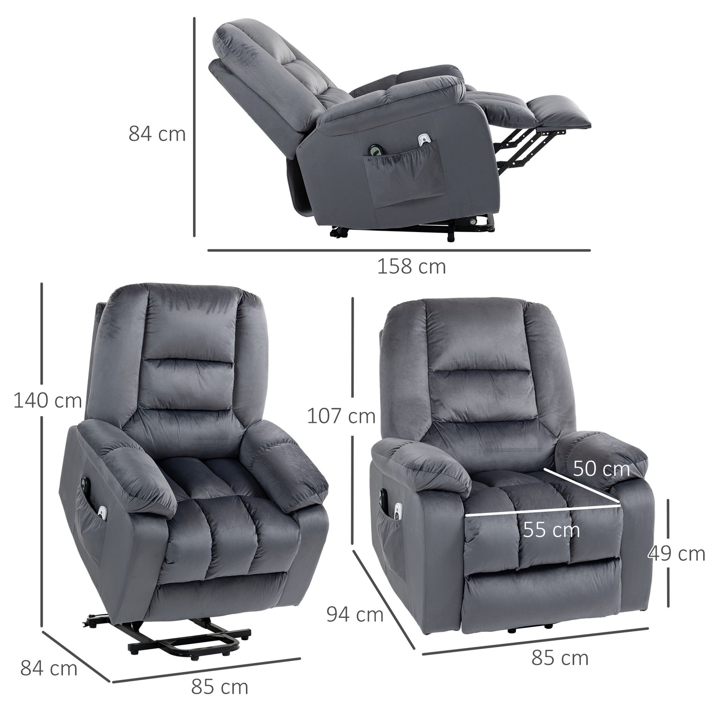 HOMCOM Lift Chair Quick Assembly Electric Riser and Recliner Chair with Vibration Massage Heat Side Pockets Grey