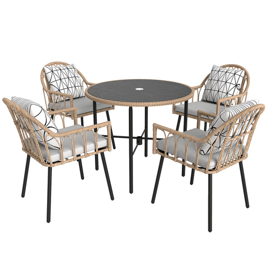 Outsunny 5 Piece Patio Rattan Dining Set, Wicker Garden Table & Chairs w/ Removable Cushions, Round Glass Tabletop, Parasol Hole, Light Brown