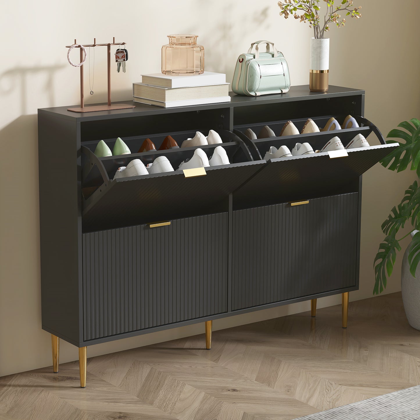 HOMCOM Narrow Shoe Cabinet with 4 Flip Drawers - Black