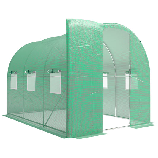 Outsunny 2 x 3 m Walk-in Polytunnel Greenhouse with Hinged Door and 6 Roll Up Mesh Windows, Garden Tunnel Warm House Tent, Green