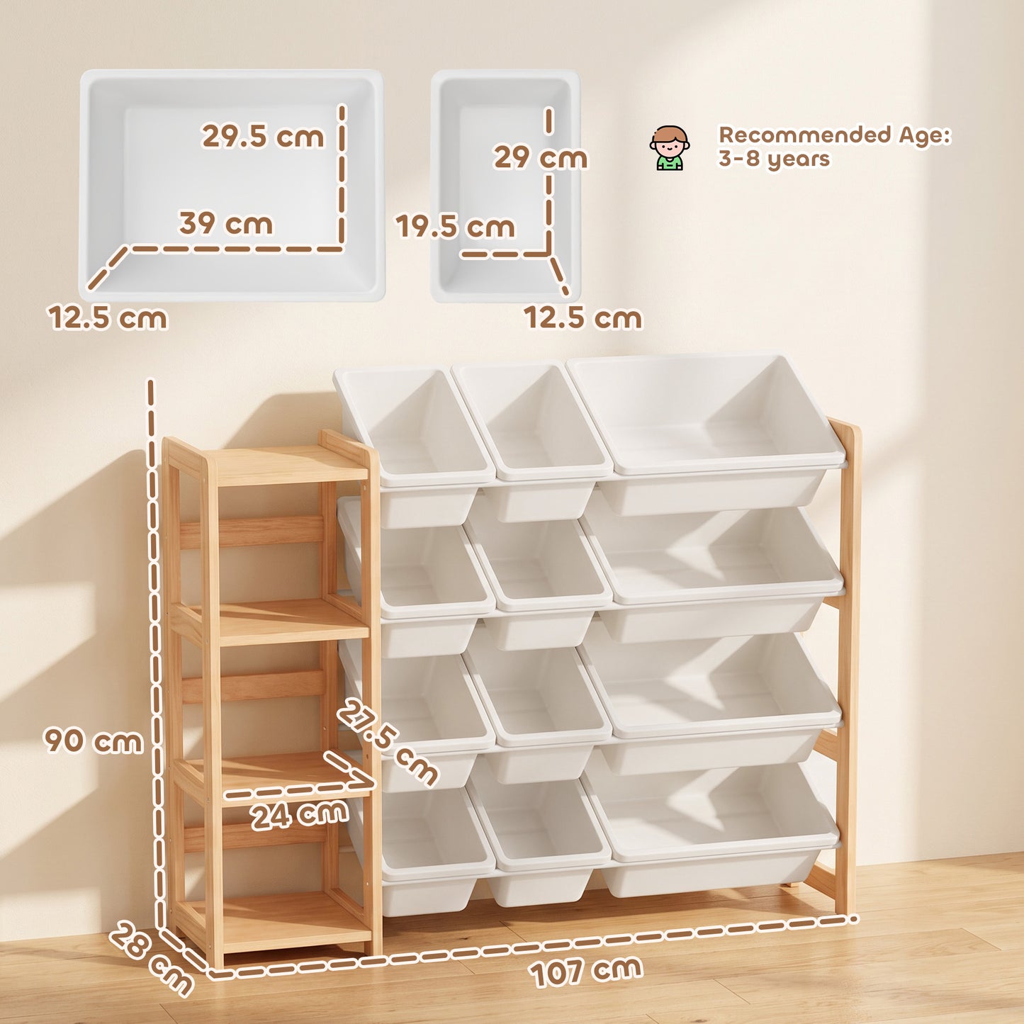 AIYAPLAY Toy Storage Organiser with 3 Shelves and 12 Bins, Wooden Toy Organiser for Playroom, Bedroom, Nursery, Natural