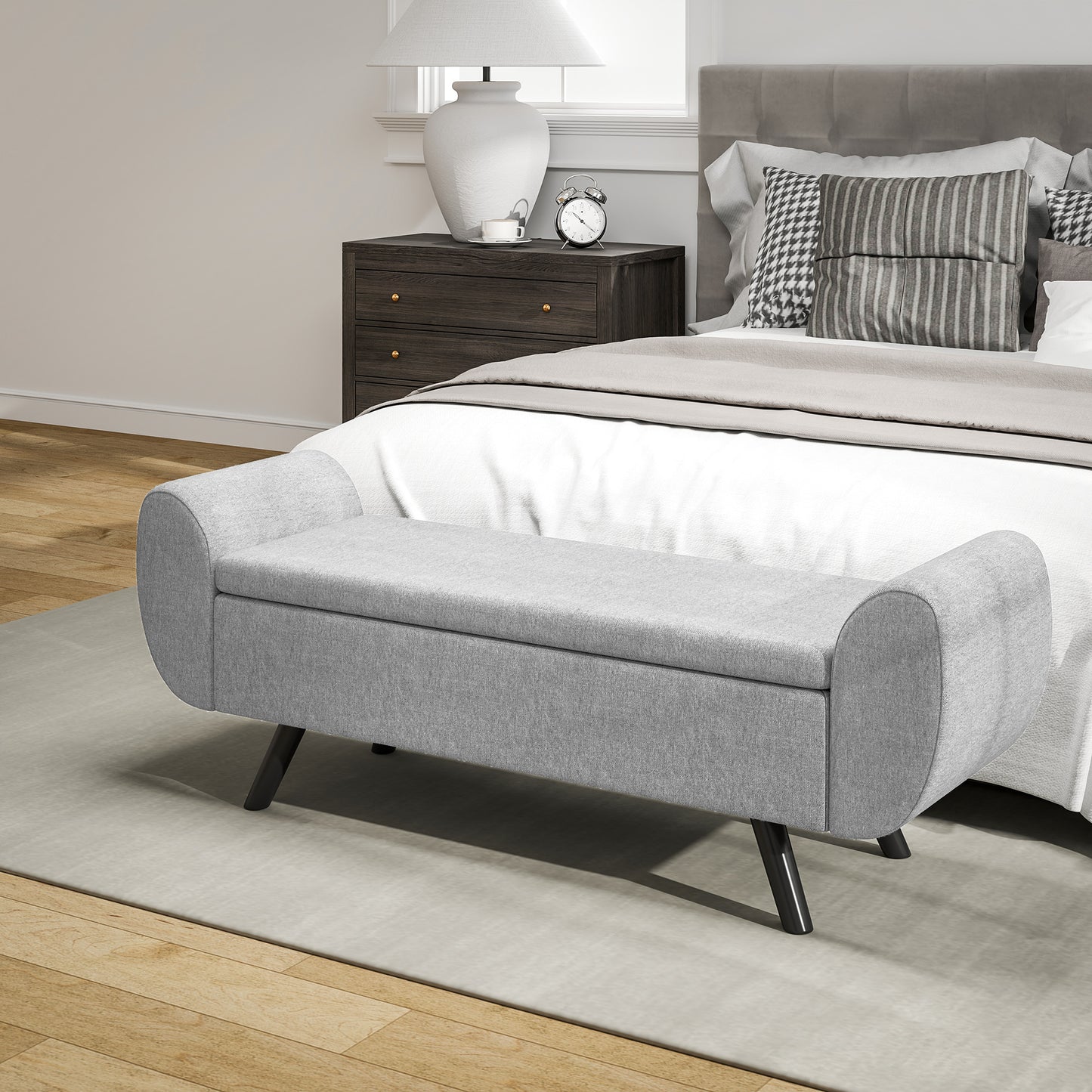 HOMCOM Storage Ottoman, Upholstered Linen Bench with Armrest, Rubberwood Legs, Footstool for Bedroom, Living Room, Hallway, Dark Grey