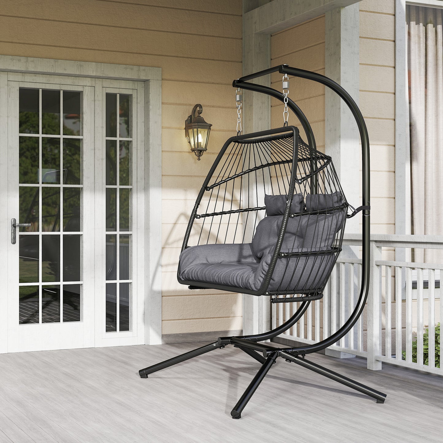 Outsunny Rattan Double Hanging Egg Chair with Stand, Foldable Wicker, Cushion & Head Pillows, 260 kg Capacity, Steel Frame, Indoor/Outdoor, Dark Grey
