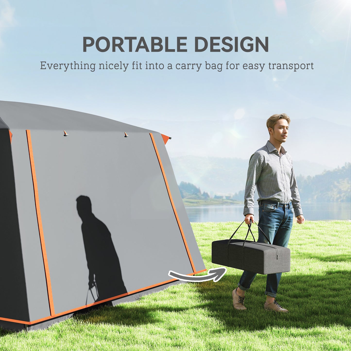 Outsunny Camping Tent, 4-6 Man, Double Layer Tunnel with Porch, Living Area, 2 Bedrooms, Waterproof, UPF 30+, Portable with Bag, Grey