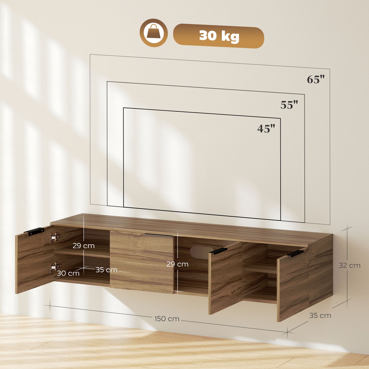HOMCOM Wall Mounted TV Stand, 150 cm Floating Unit with Shelves and Doors, Media Console for Living Room, Bedroom, Rustic Brown