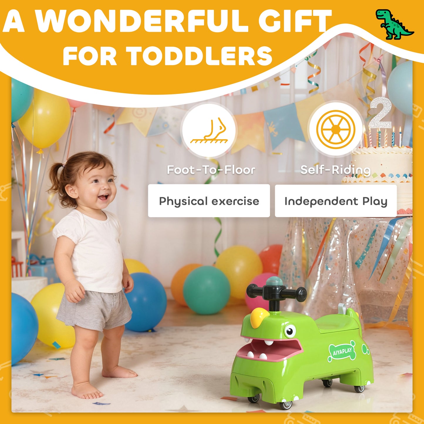 AIYAPLAY Kids Ride On Car, Dinosaur Foot to Floor Slider with Storage, Toddler Walker with Light, Sounds, Green
