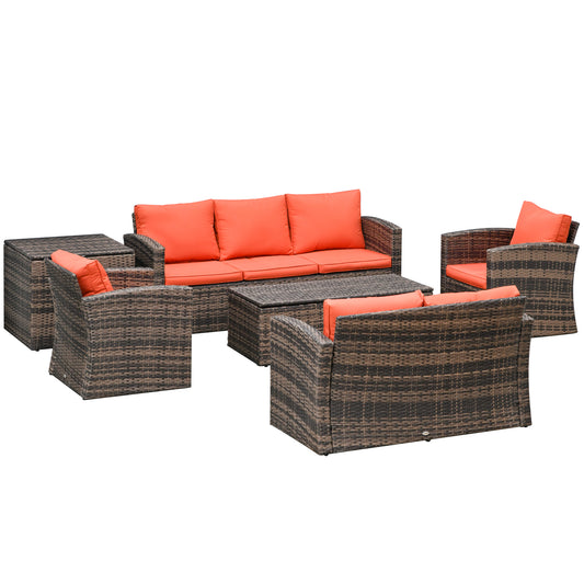 Outsunny 6-Piece Rattan Garden Furniture Set, 7-Seater Wicker Sofa with Storage Tables & Cushions, Orange