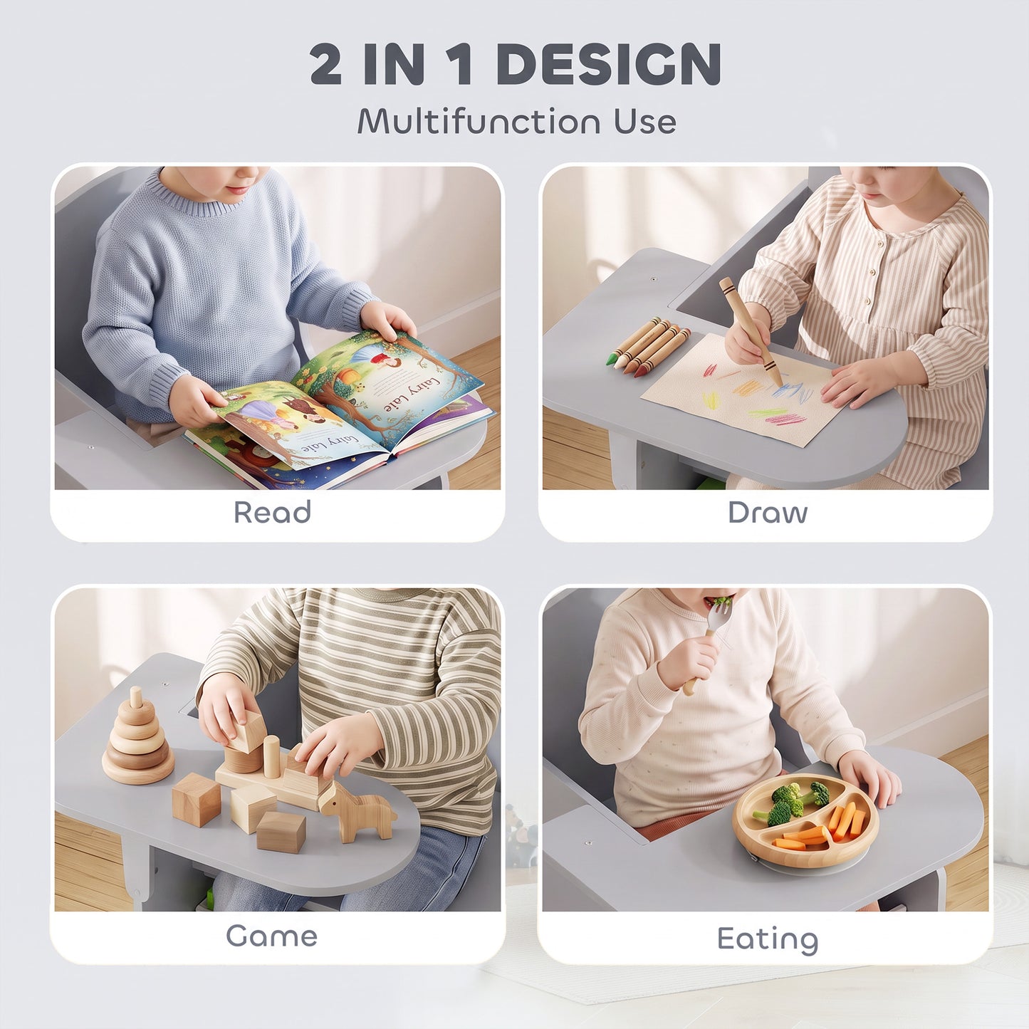 AIYAPLAY Kids Table and Chair Set, Children Desk and Chair with Storage Bins for Playing, Reading, Painting, for Ages 3-5, Grey