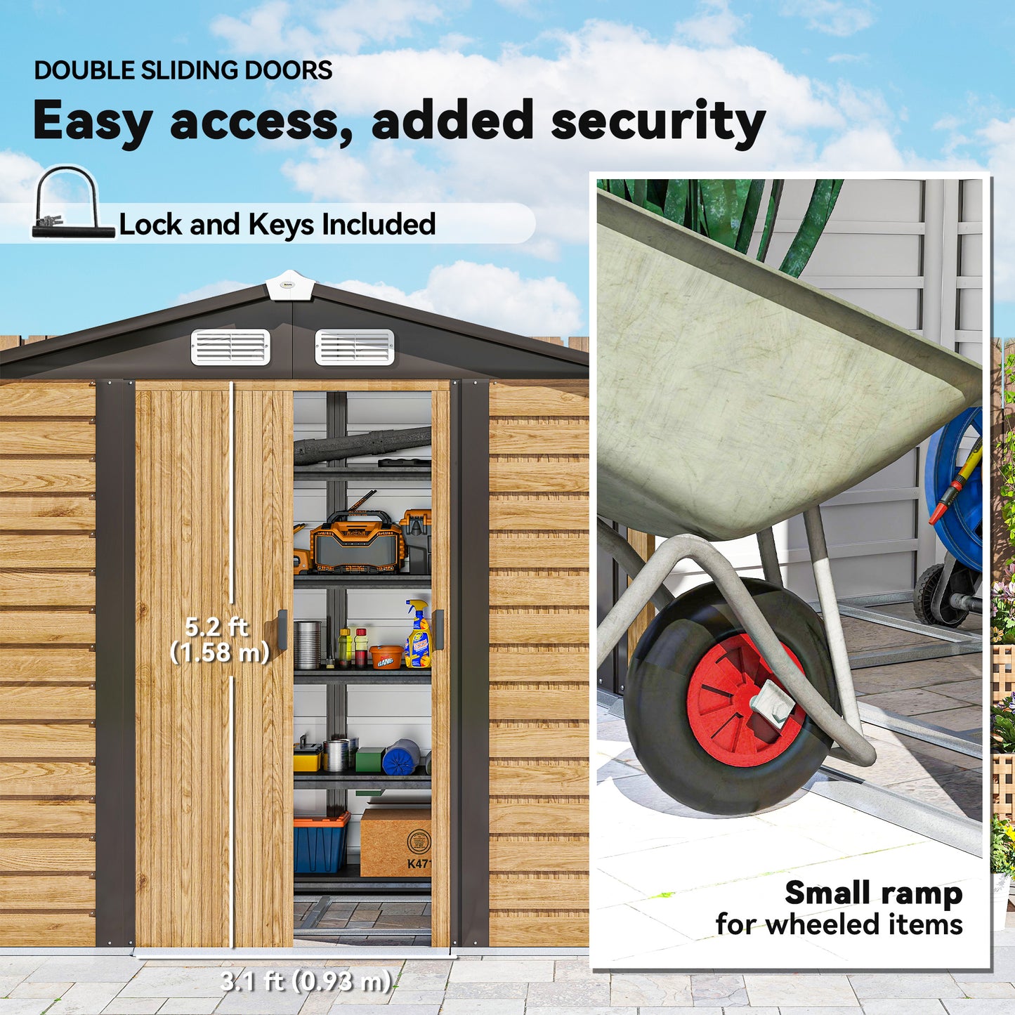 Outsunny 7 x 4ft Garden Shed, Galvanised Steel Frame, Foundation Kit, Double Doors with Lock, Vents and Gloves, Garden Storage, Natural