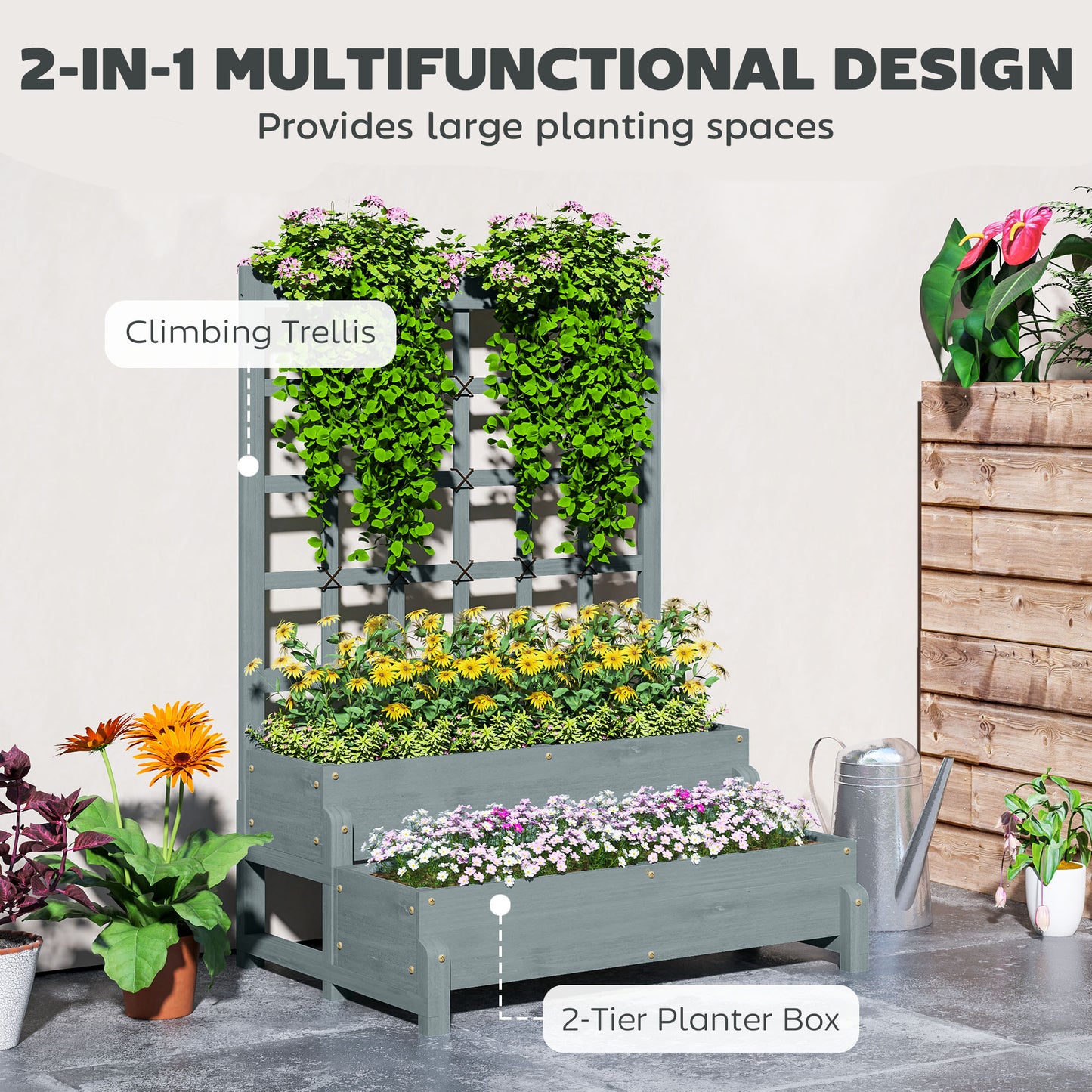 Outsunny Raised Garden Bed with Trellis, Wooden Elevated Planter Box, Drainage Holes, for Plants, Fruits, Vegetables, Flowers, Grey