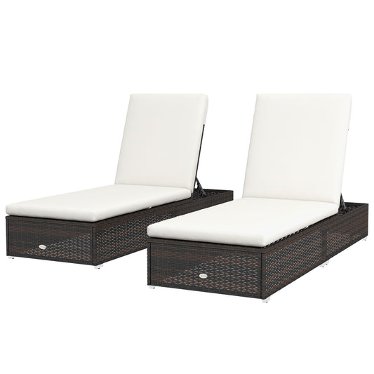 Outsunny Set of Two Rattan Sun Loungers with Reclining Backs - Brown/Cream