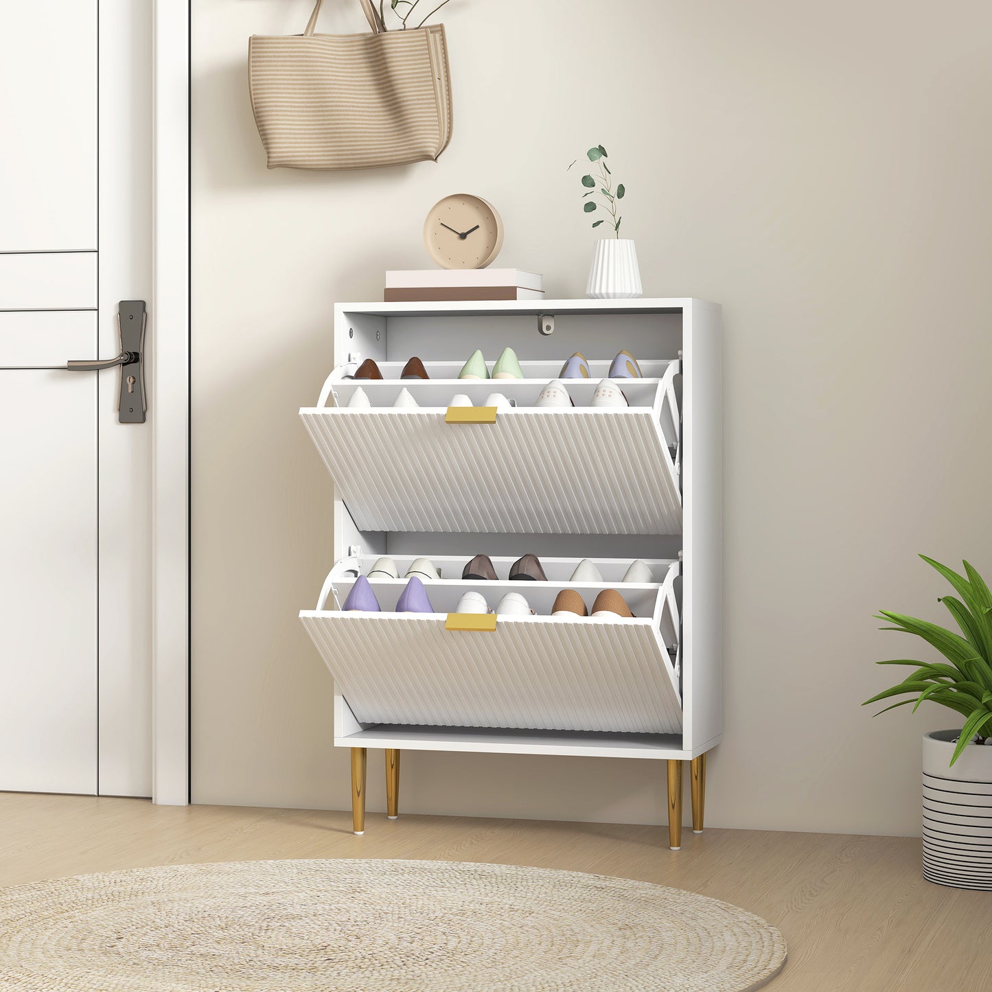 HOMCOM Narrow Shoe Cabinet with 2 Flip Drawers - White