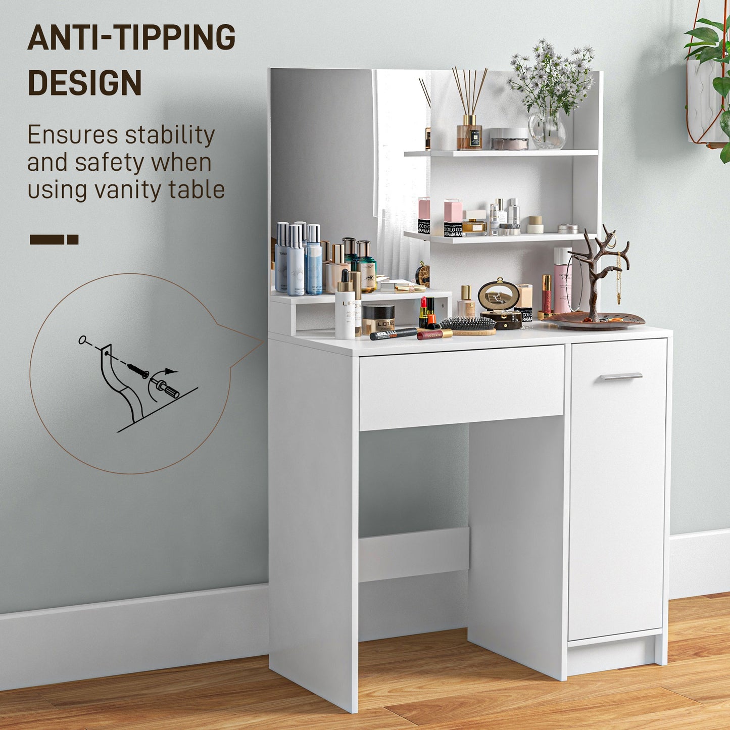 HOMCOM Dressing Table Set with Mirror, Stool, Drawer, Storage Cabinet, Adjustable Shelf, White