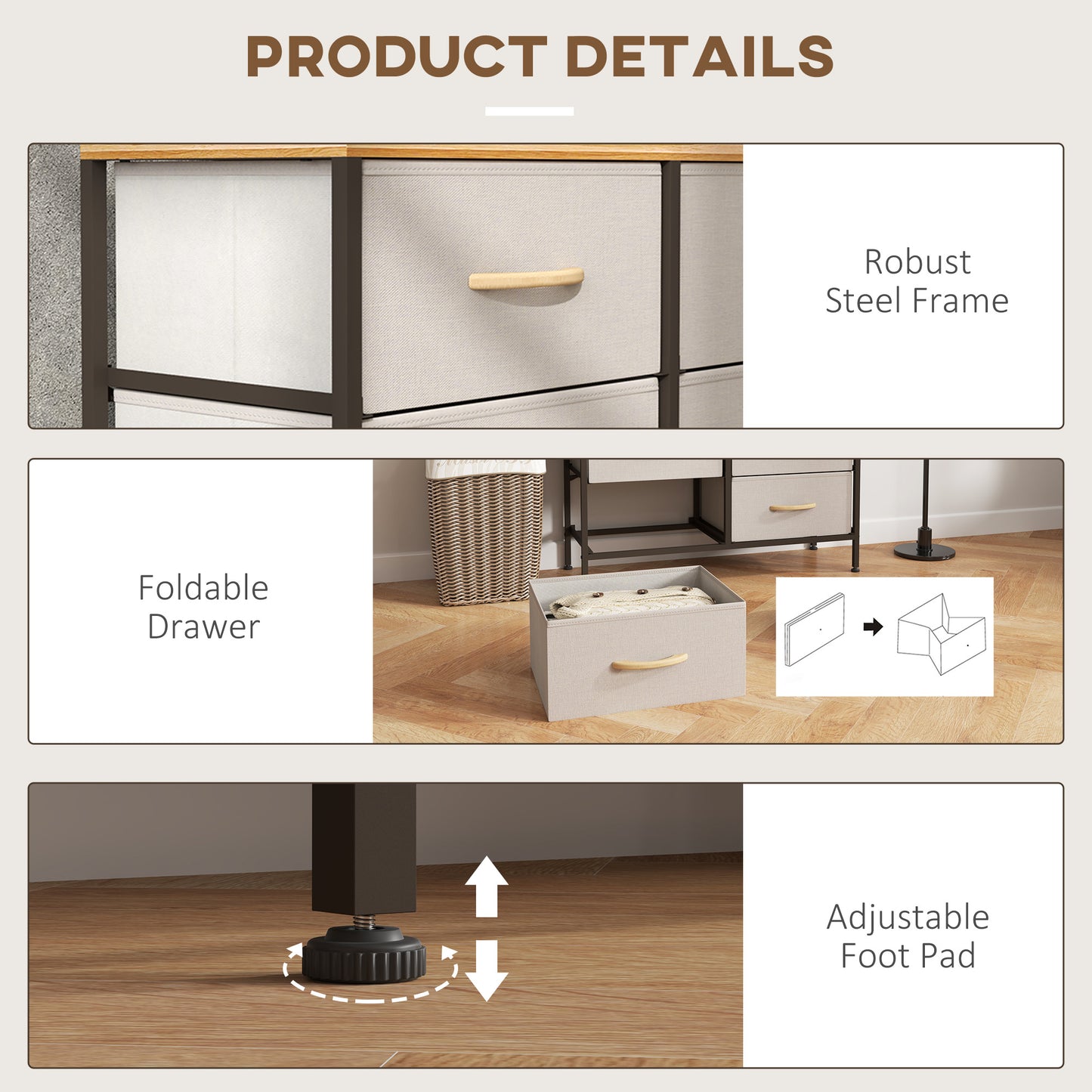 HOMCOM Fabric Chest of Drawers, Industrial Dresser with 8 Fabric Drawers, Steel Frame & Wooden Top for Nursery, Living Room, Hallway, Cream White.