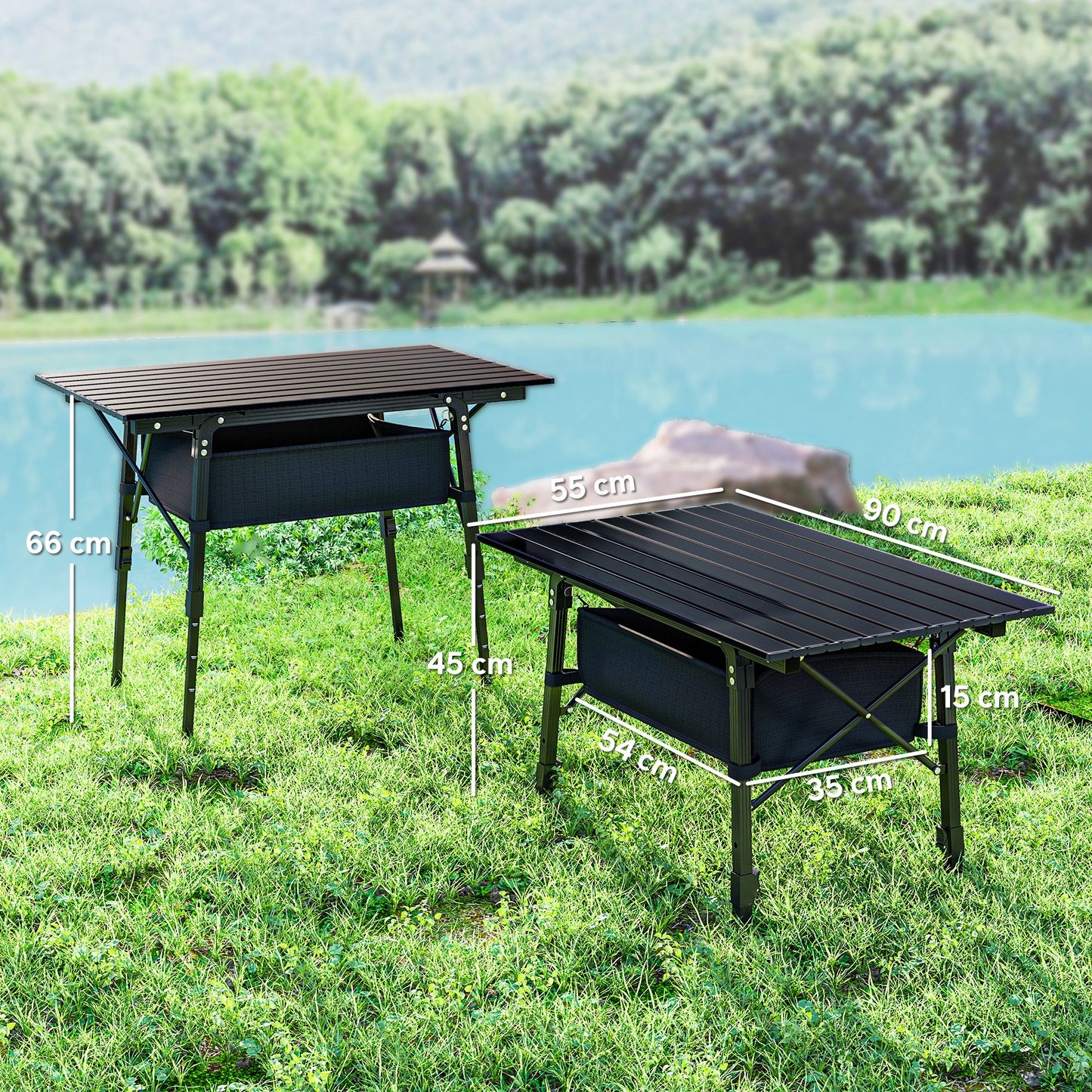 Outsunny Folding Camping Table, Height Adjustable Portable Aluminium Picnic Table with Storage Basket for Outdoor BBQ, Black