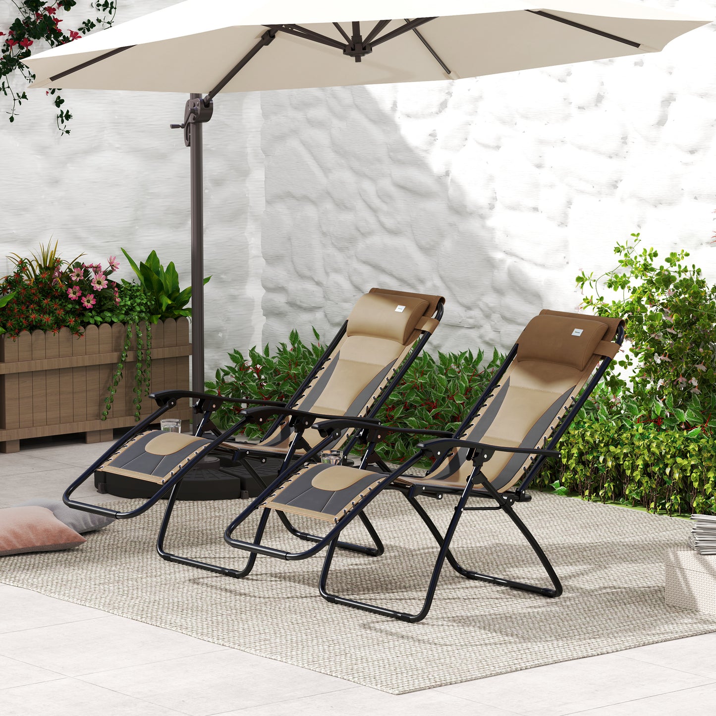 Outsunny Foldable Reclining Garden Chair Set of 2, Zero Gravity, Padded Seat, Cup Holder, Pillow, Coffee