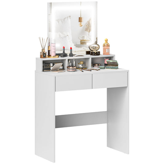 HOMCOM Dressing Table with Mirror and LED Lights, Vanity Table with 2 Drawers, 3 Compartments