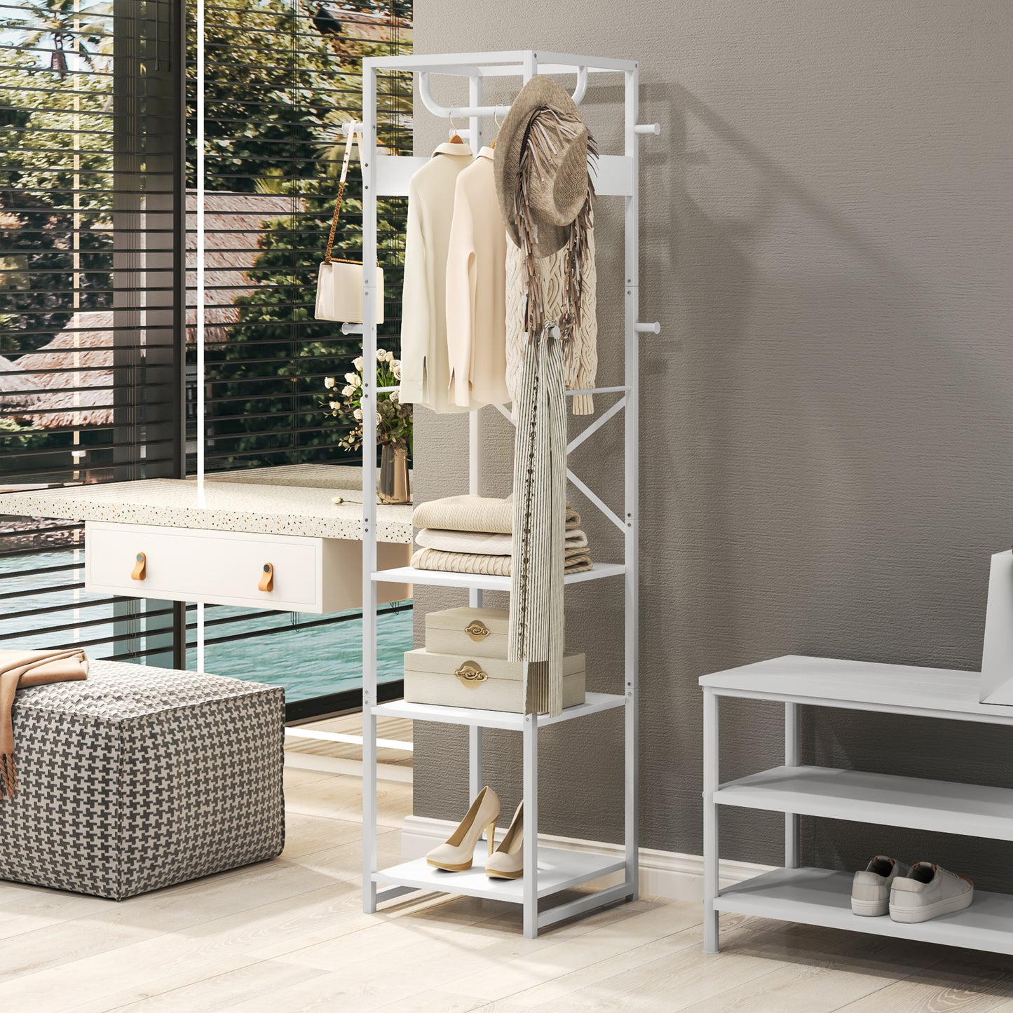 HOMCOM Clothes Rail with Storage Shelf and Hooks, Freestanding Clothes Rack for Entryway, Living Room, Bedroom, White Wood Grain