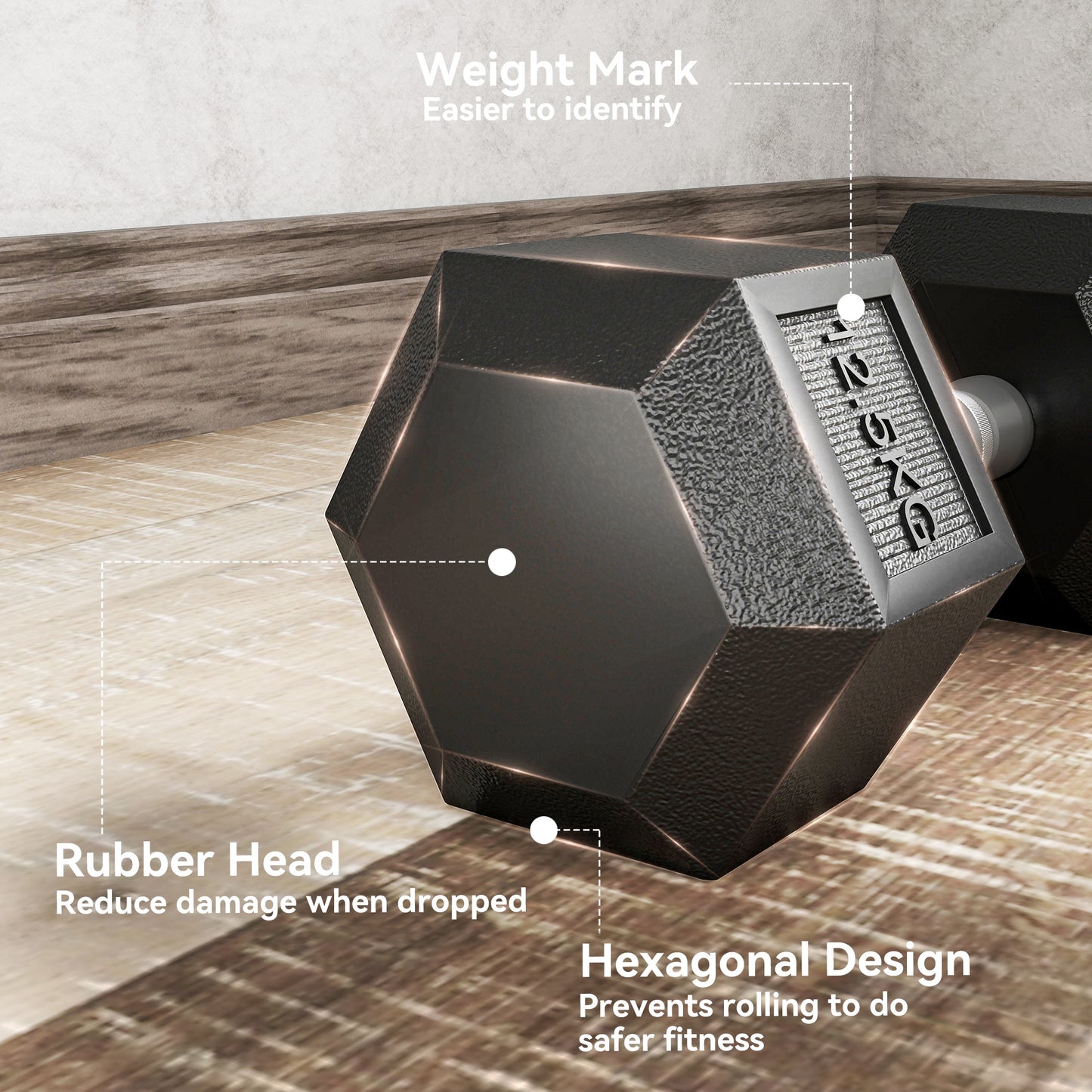 HOMCOM 25KG Rubber Hex Dumbbell Portable Hand Weights Dumbbell Home Gym