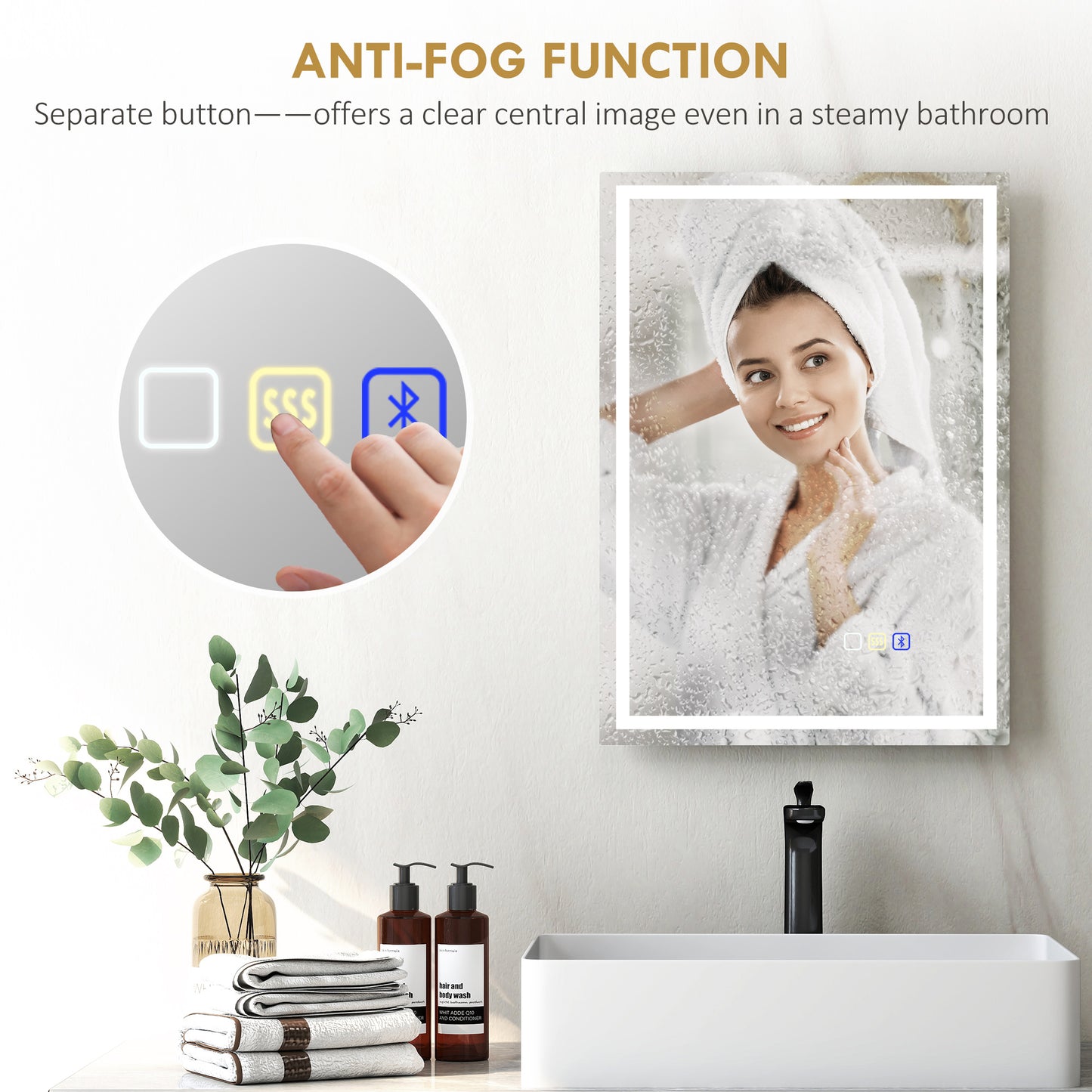 HOMCOM 50 x 70 cm Bluetooth LED Bathroom Mirror with Demister Pad - Silver Tone