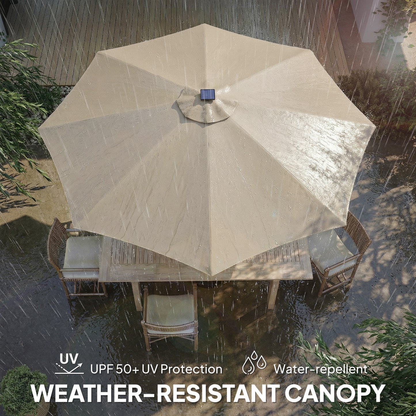 Outsunny 3 m Garden Parasol Umbrella with 112 Solar Powered LED Lights, Patio Umbrella with Crank Handle, Beige