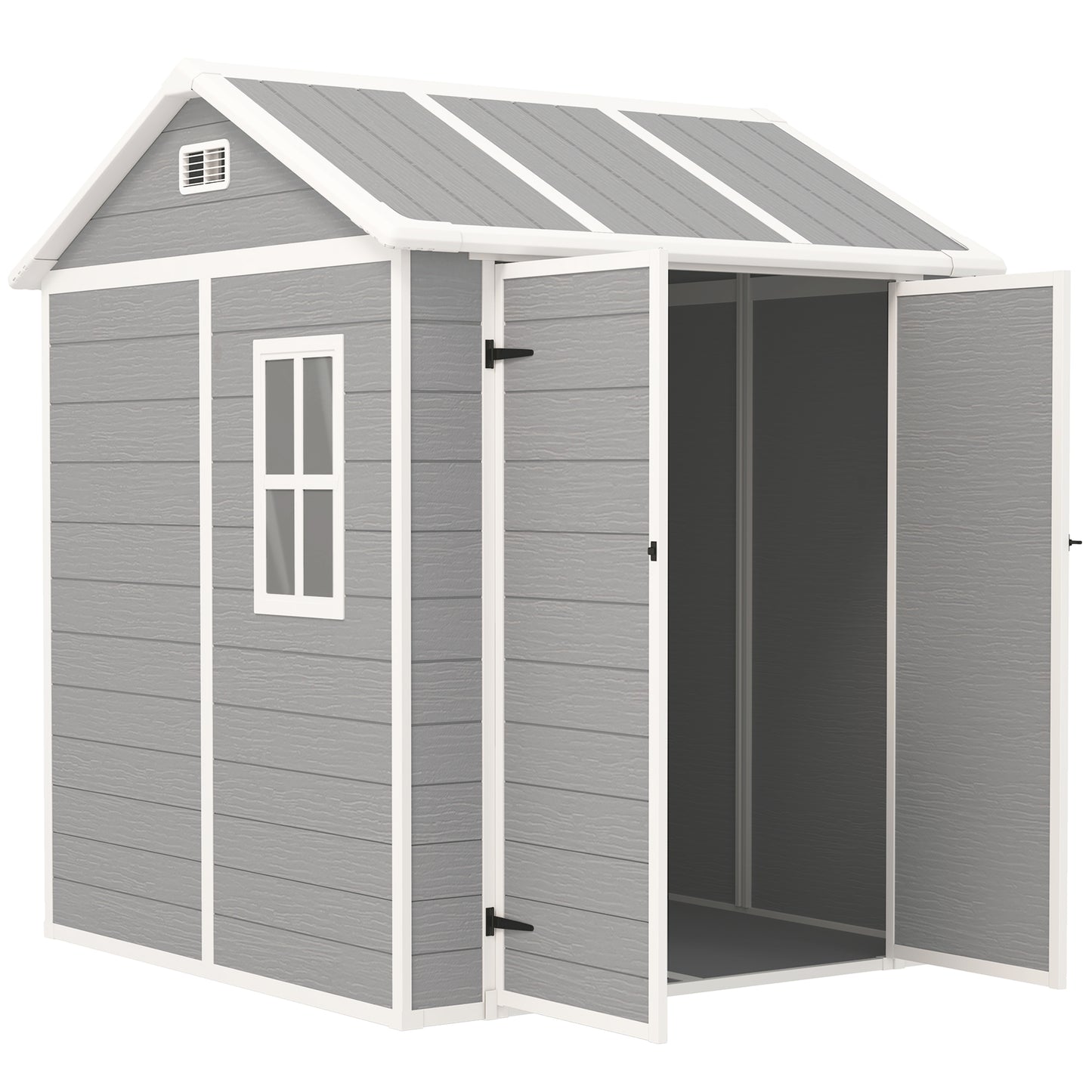 Outsunny 6 x 6ft Garden Shed, Plastic Shed with Floor, Window, Lockable Doors and Vents, Wood Effect Resin Tool Shed for Outdoor Patio, Grey