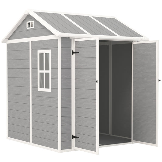 Outsunny 6 x 6ft Garden Shed, Plastic Shed with Floor, Window, Lockable Doors and Vents, Wood Effect Resin Tool Shed for Outdoor Patio, Grey