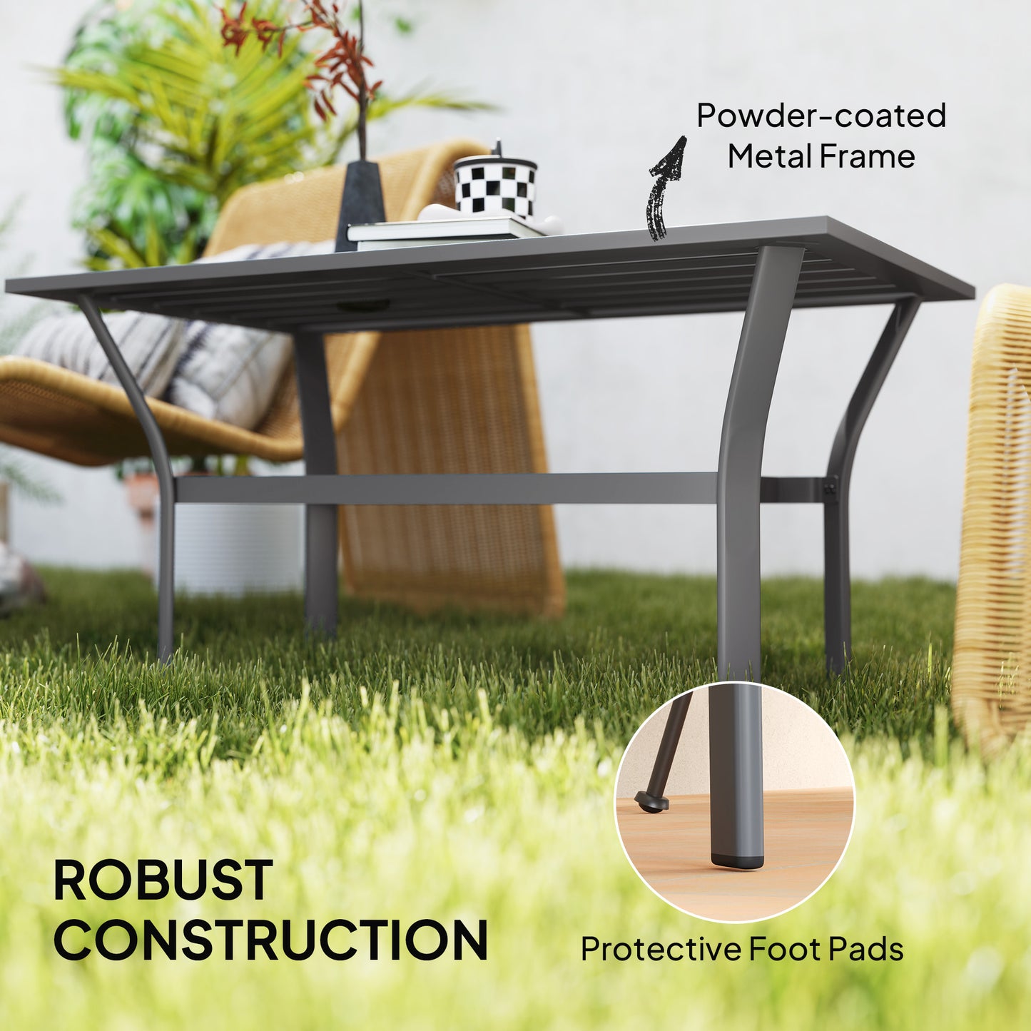 Outsunny Metal Garden Coffee Table, Rectangular Outdoor Side Table with Slatted Top, Foot Pads, 91.5x55x45cm, Dark Grey