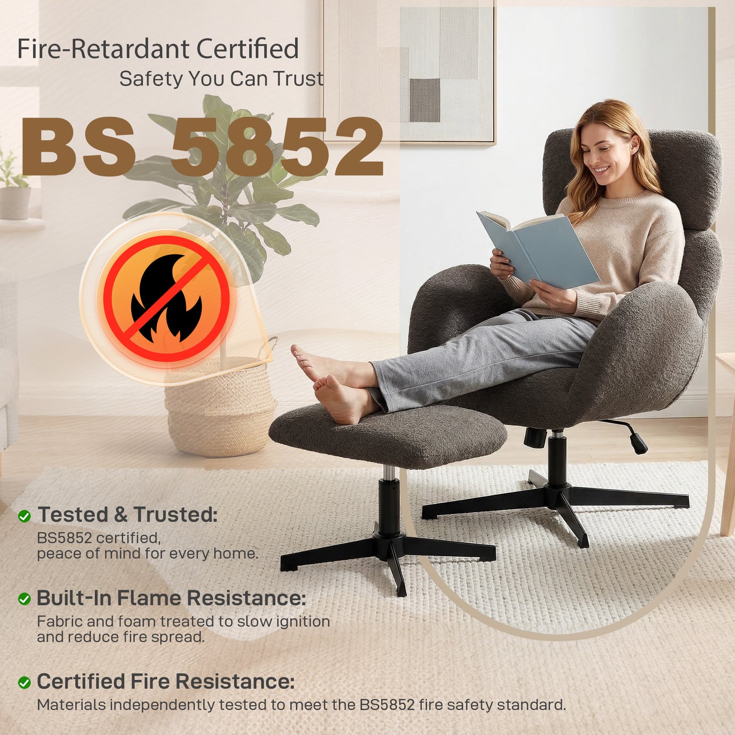 HOMCOM Swivel Armchair and Footstool Set, Height Adjustable Accent Chair with Adjustable Headrest, Rocking Function, Grey