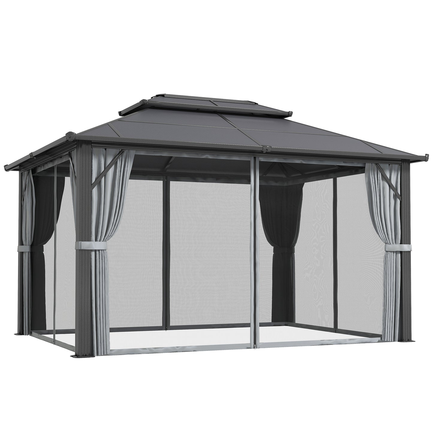 Outsunny 3x4m Hardtop Gazebo, UPF30+ Roof, Aluminium Frame, Mosquito Netting & Curtains, Grey