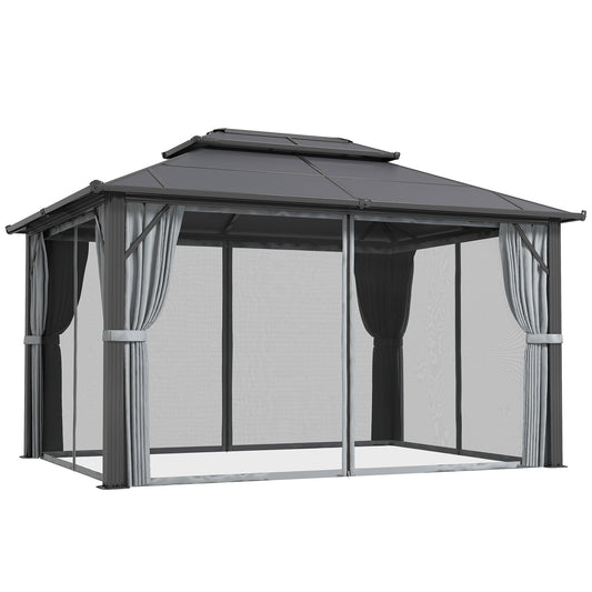 Outsunny 3x4m Hardtop Gazebo, UPF30+ Roof, Aluminium Frame, Mosquito Netting & Curtains, Grey
