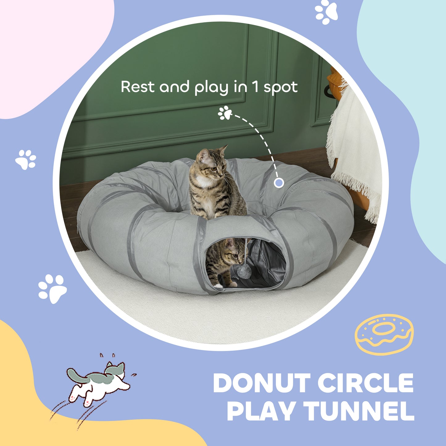 PawHut 2 in 1 Cat Tunnel with Bed, Cat Play Tunnel with Ball & Peek Hole for Indoor Cats, Grey