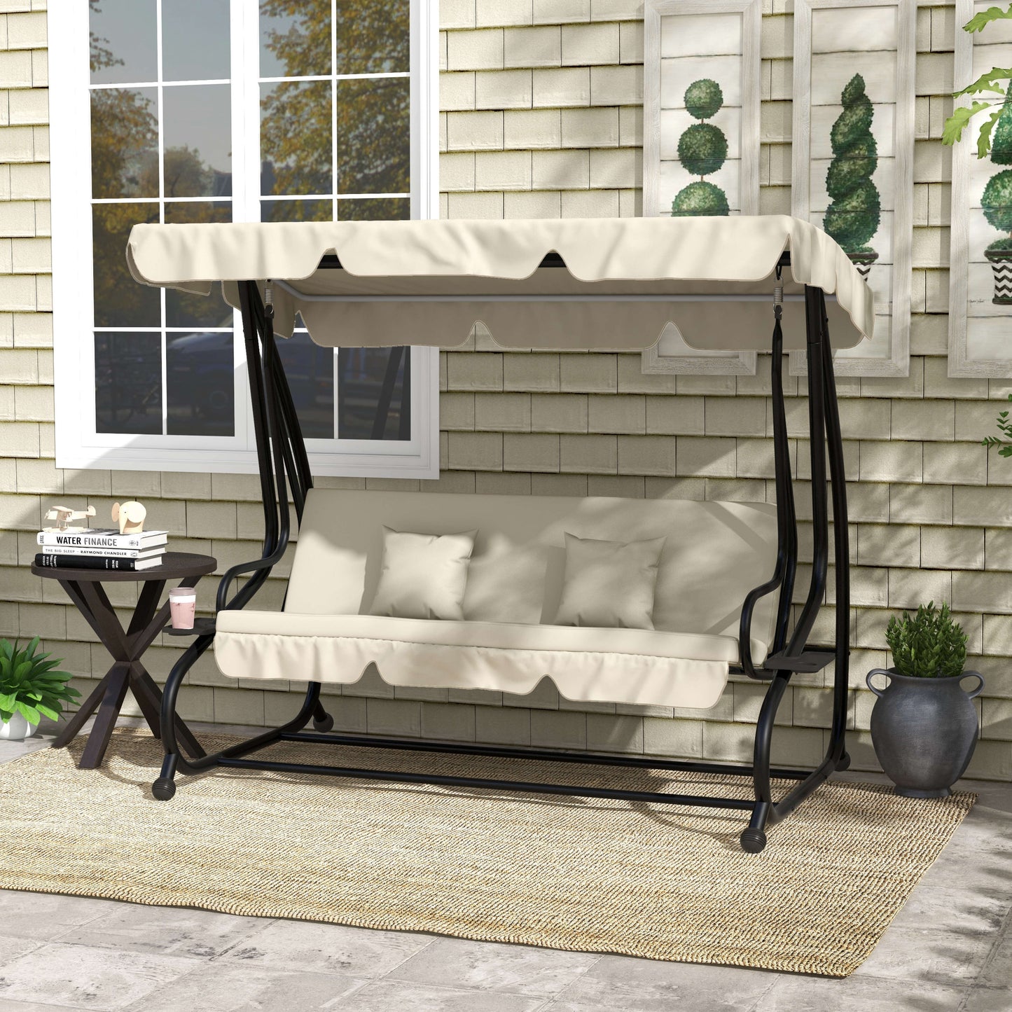 Outsunny Three-Person garden Swing Chair, with Adjustable Canopy - Cream White