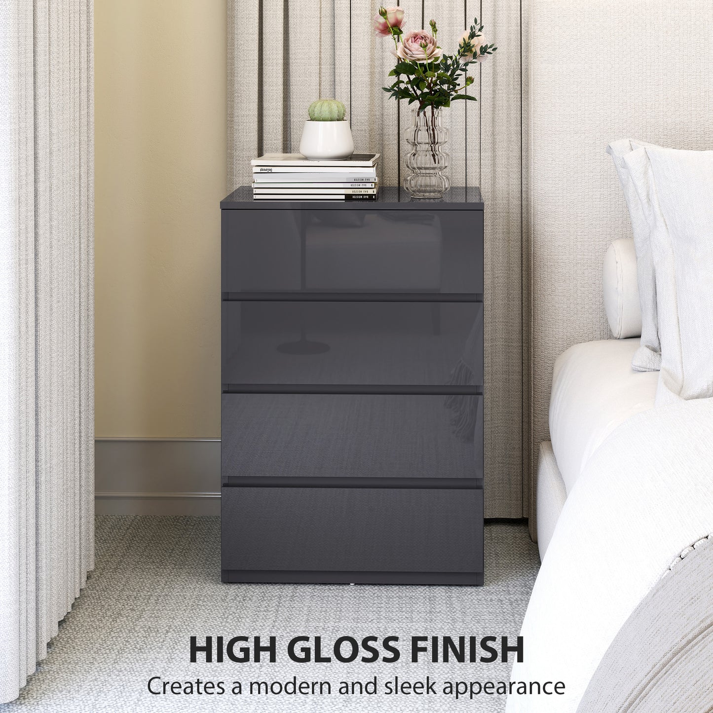HOMCOM High Gloss Chest of Drawers, 4-Drawer Storage Cabinets, Modern Dresser for Bedroom, Grey