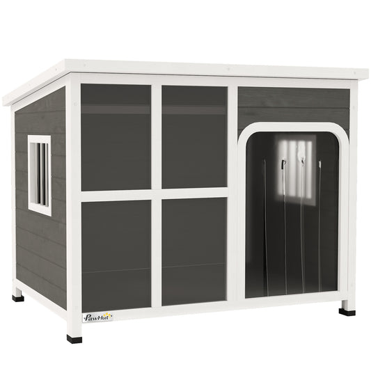 PawHut Wooden Dog House Outdoor with  Asphalt Openable Top, Removable Floor, Clear Front Panel, Curtain, 103 x 77 x 83cm