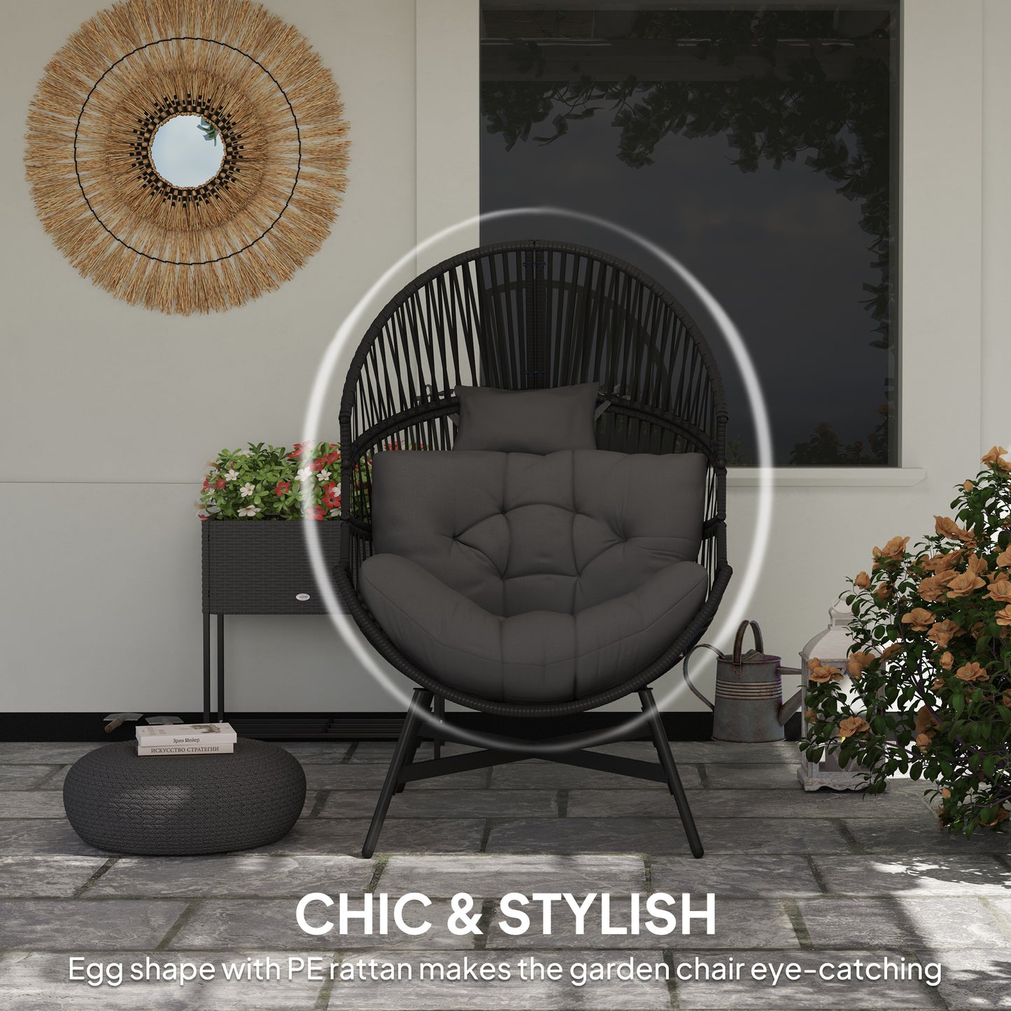 Outsunny Rattan Egg Chair, Oversized Freestanding Garden Chair with Cushion, Headrest, Steel Frame for Indoor/Outdoor Use, Charcoal Grey
