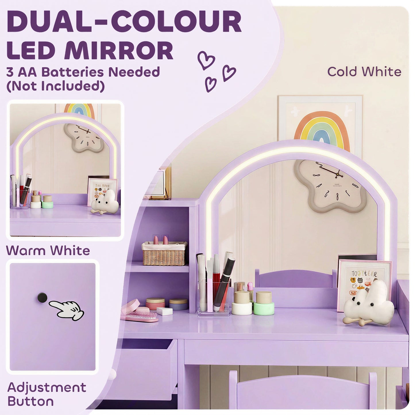 AIYAPLAY Kids Vanity Table and Chair Set, Kids Vanity Table with 2-Colour LED Mirror, Stool, Cabinet, Drawer, Shelves, Purple