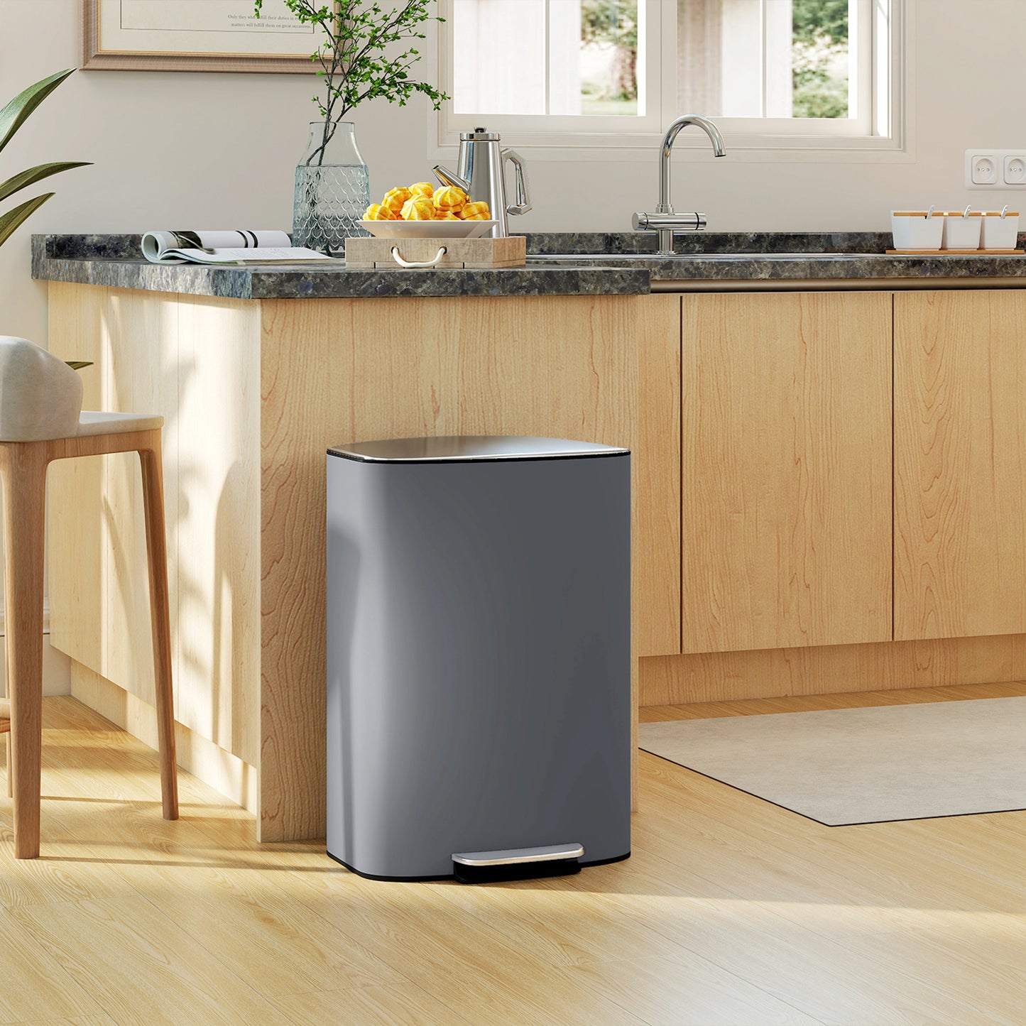 HOMCOM 50L Kitchen Bin, Soft-Close Lid, Pedal Bin with Removable Inner Bucket, Carry Handle for Kitchen, Office, Home, Stainless Steel, Grey