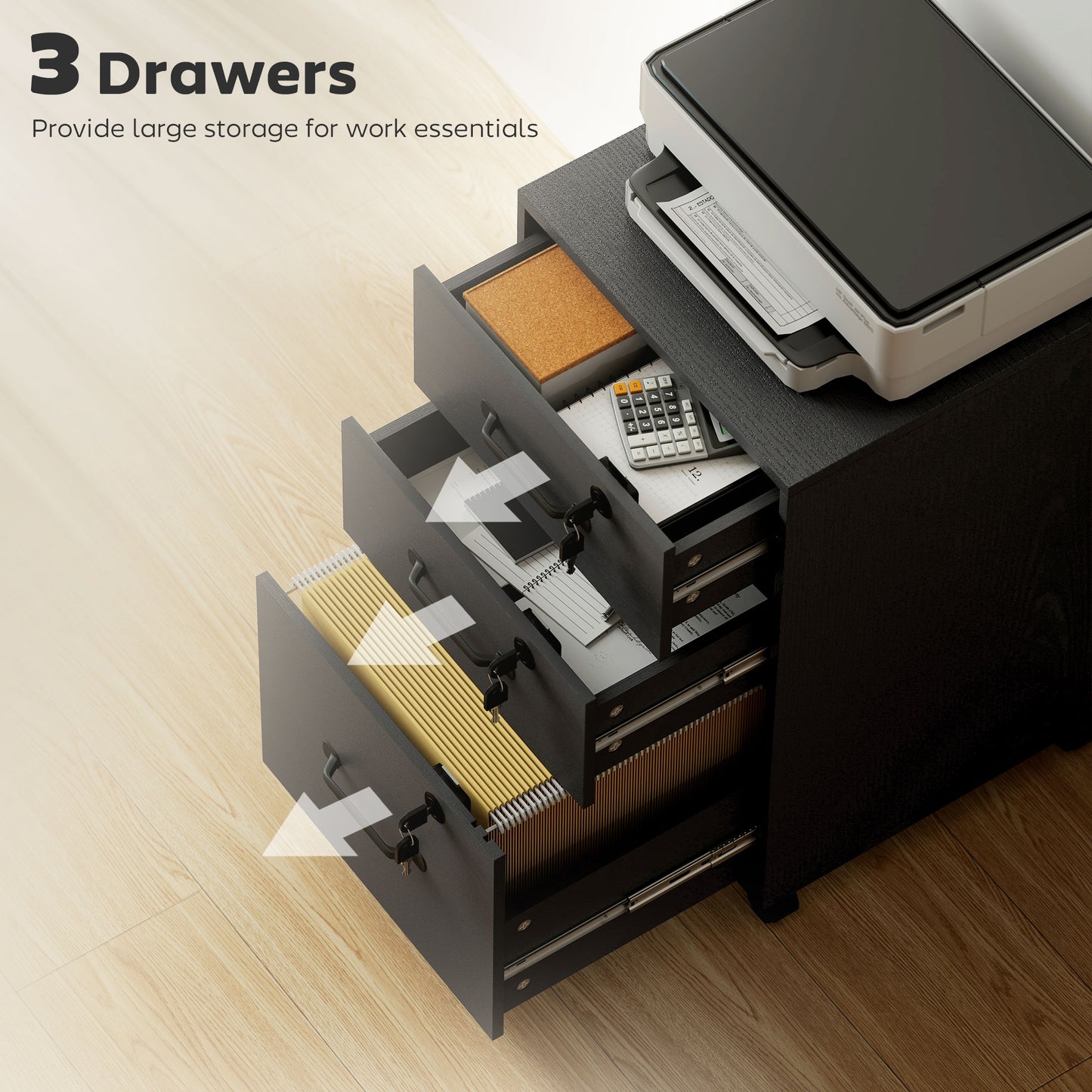 HOMCOM Three Drawer Wood-Effect Filing Cabinet - Black