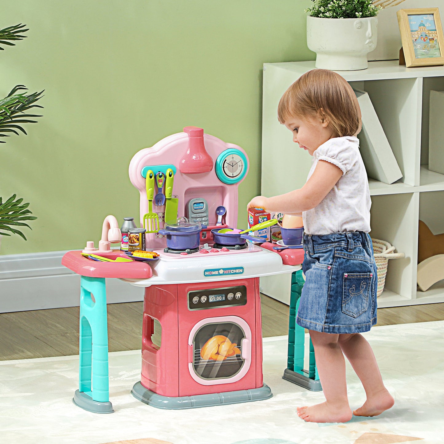 AIYAPLAY Toy Kitchen 45 Pieces Kids Kitchen with Rotating Side Tables for Children 3-6 Years Pink