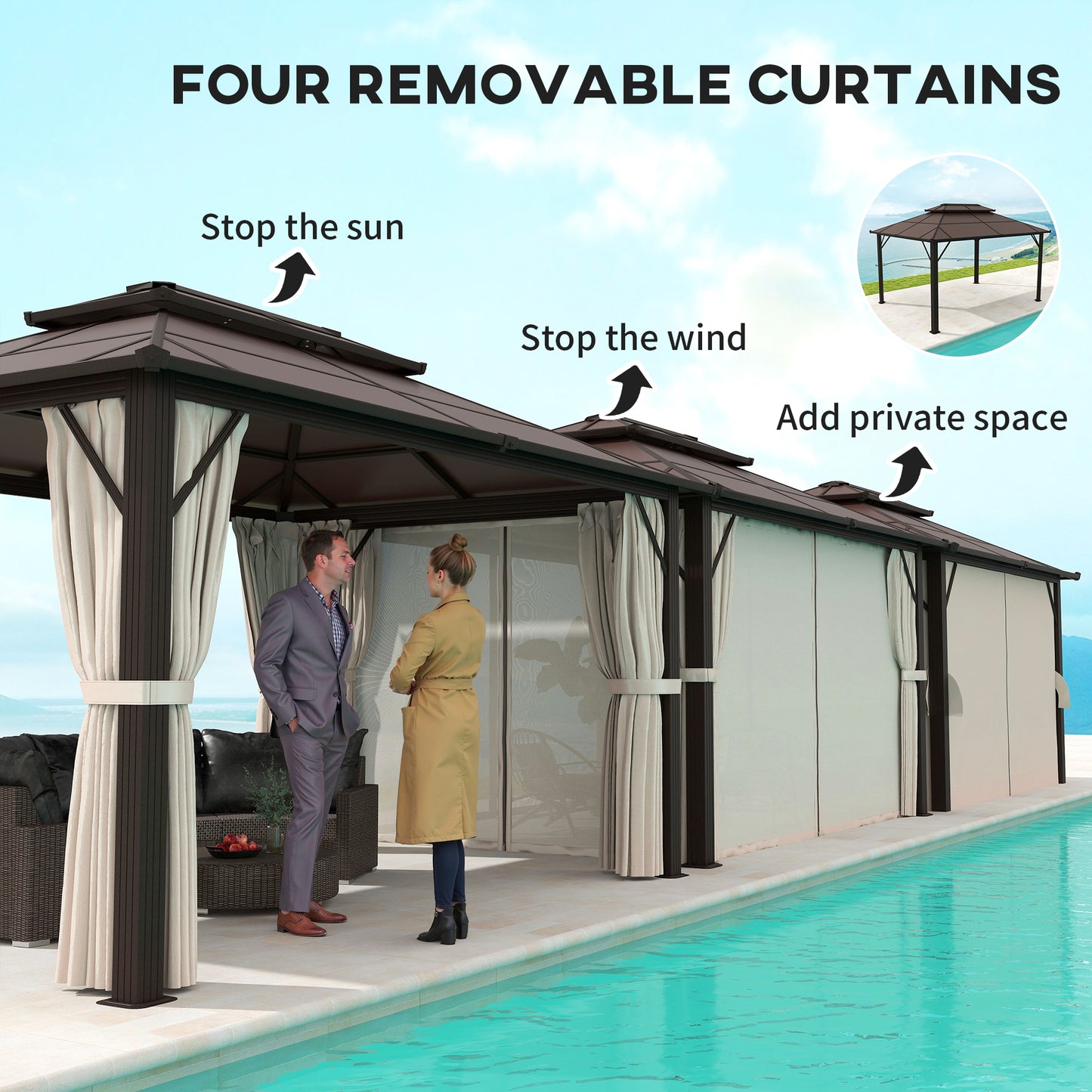 Outsunny 3x4m Hardtop Gazebo, UPF30+ Roof, Aluminium Frame, Mosquito Netting & Curtains, Beige