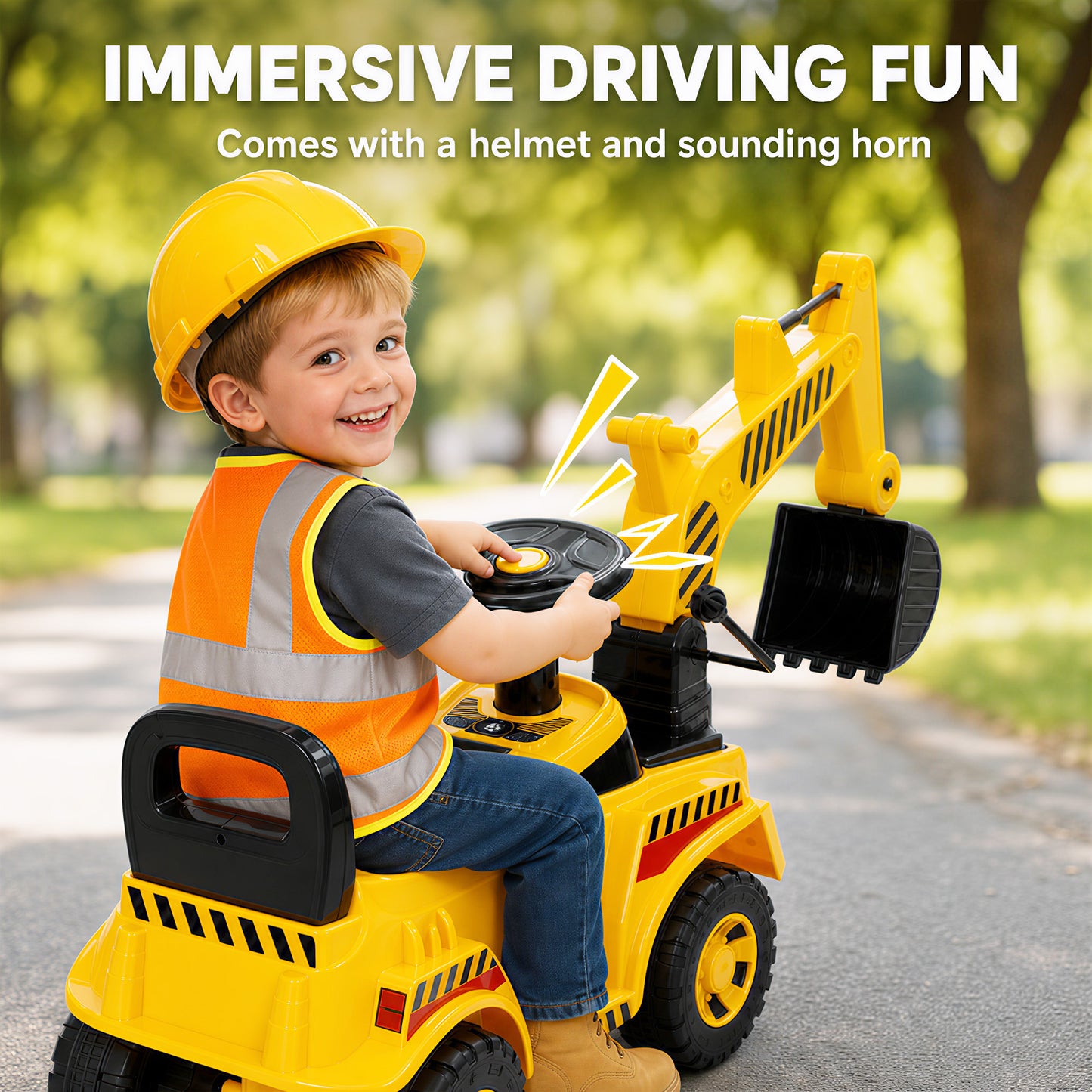 AIYAPLAY Kids Ride on Digger, Toddler Construction Toy Car with Security Helmet, Horn, Detachable Digging Arm