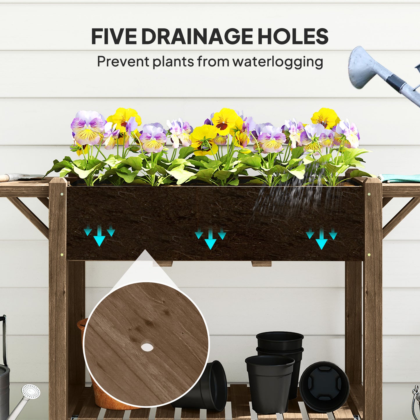 Outsunny Raised Garden Bed, Wooden Planter Box with Wheels, Side Tables & Bottom Shelf, Carbonised