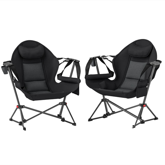 Outsunny Set of 2 Camping Chairs, Adjustable Swinging Chair with Cup Holder, Headrest & Carry Bag, Black