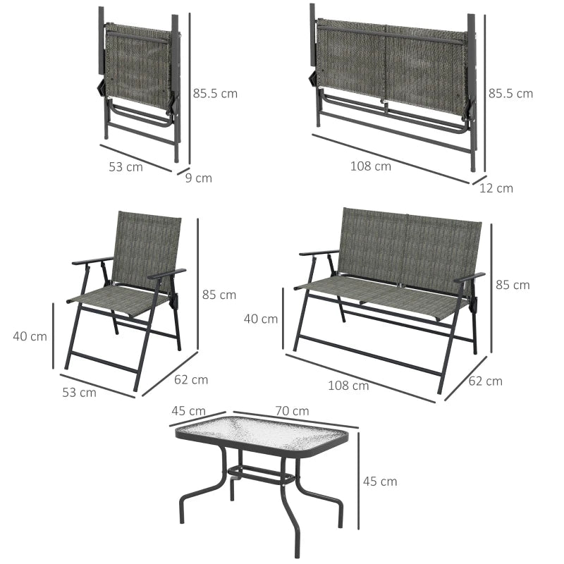 Outsunny Outdoor 4 Pieces Patio Furniture Set with Breathable Mesh Fabric Seat & Backrest, Garden Set with Two Foldable Armchairs, a Loveseat & Glass Top Table, Mixed Brown