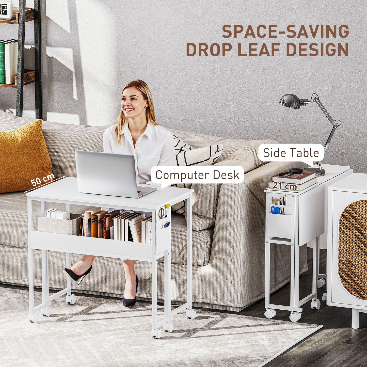 HOMCOM 80 cm Folding Desk with Storage Shelf and Drop Leaf on Wheels - White