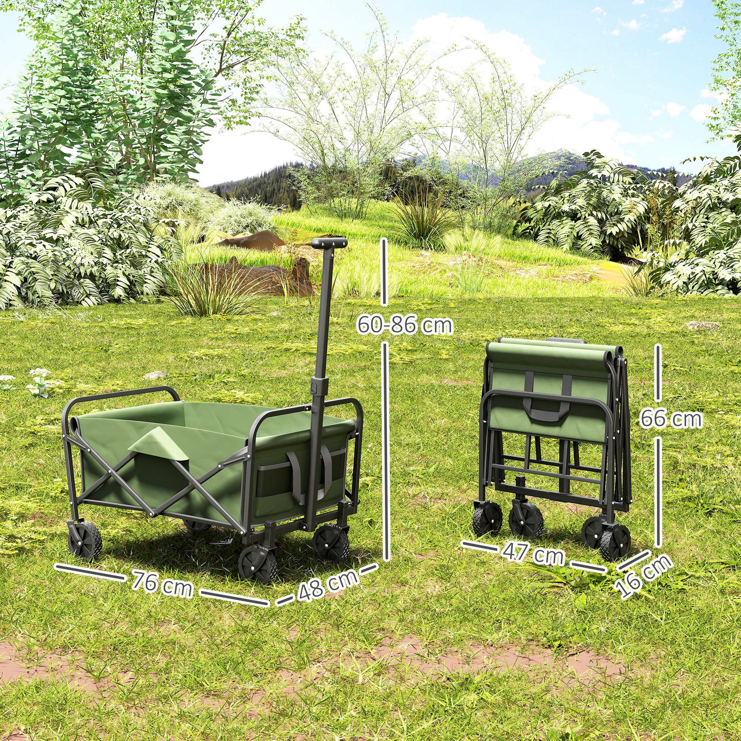 Outsunny Festival Trolley: 62L, 120kg Heavy Duty Folding Wagon w/ Wheels, Adjustable Handle, Carry Bag for Beach, Camping, Festival, Green