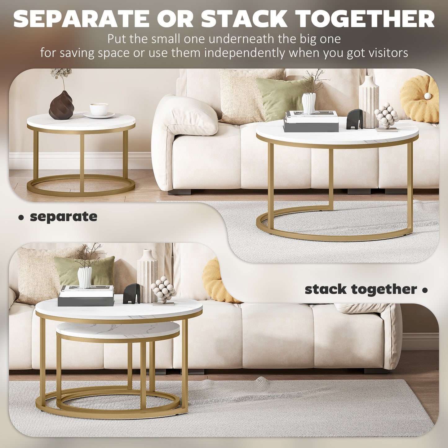 HOMCOM 2 Pcs Stacking Coffee Table Set Nesting Tables with Steel Frame for Living Room Marble White/Gold